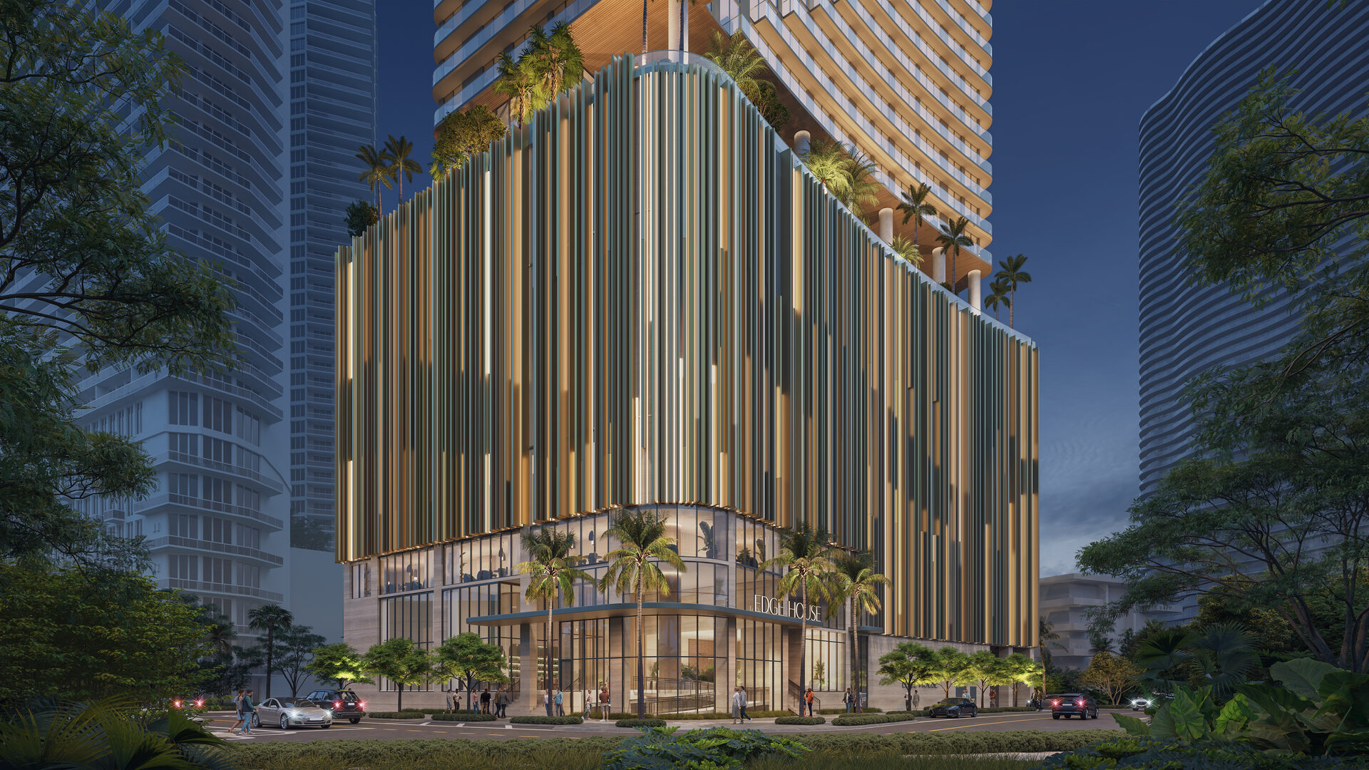 Edge House Miami, podium and landscaped arrival at street level, developer rendering