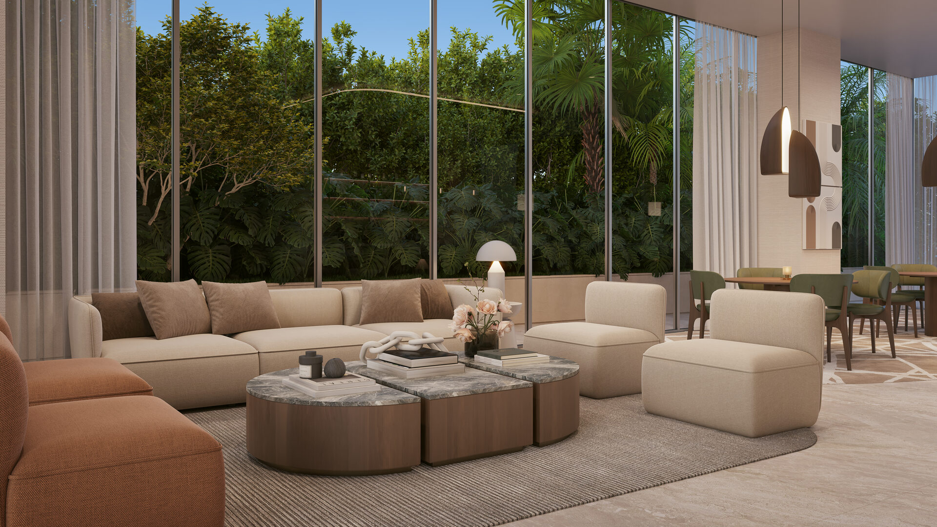 Edge House Miami, residents lounge opening toward the landscaped terrace, developer rendering