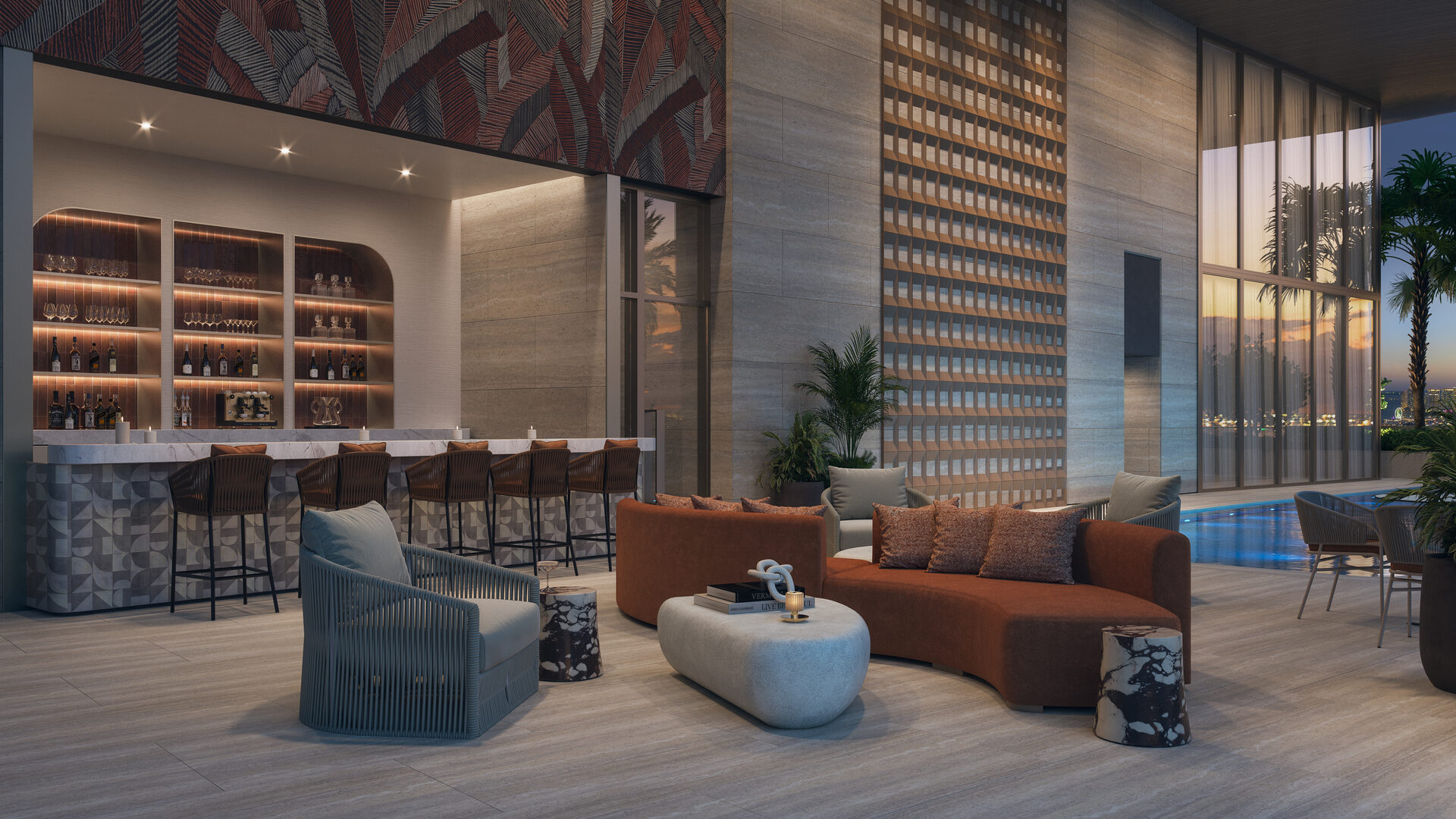 Edge House Miami, pool bar and lounge seating, developer rendering