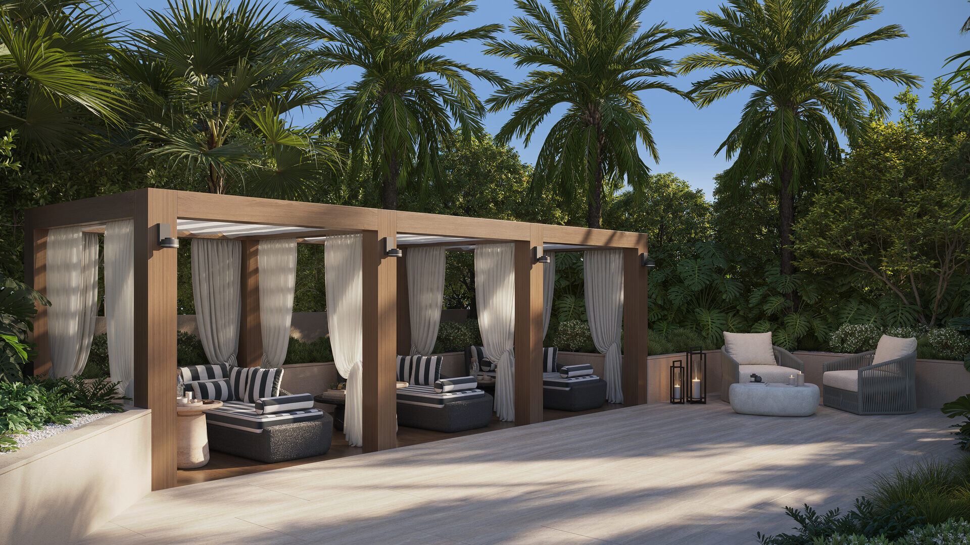 Edge House Miami, cabanas surrounded by landscaping, developer rendering