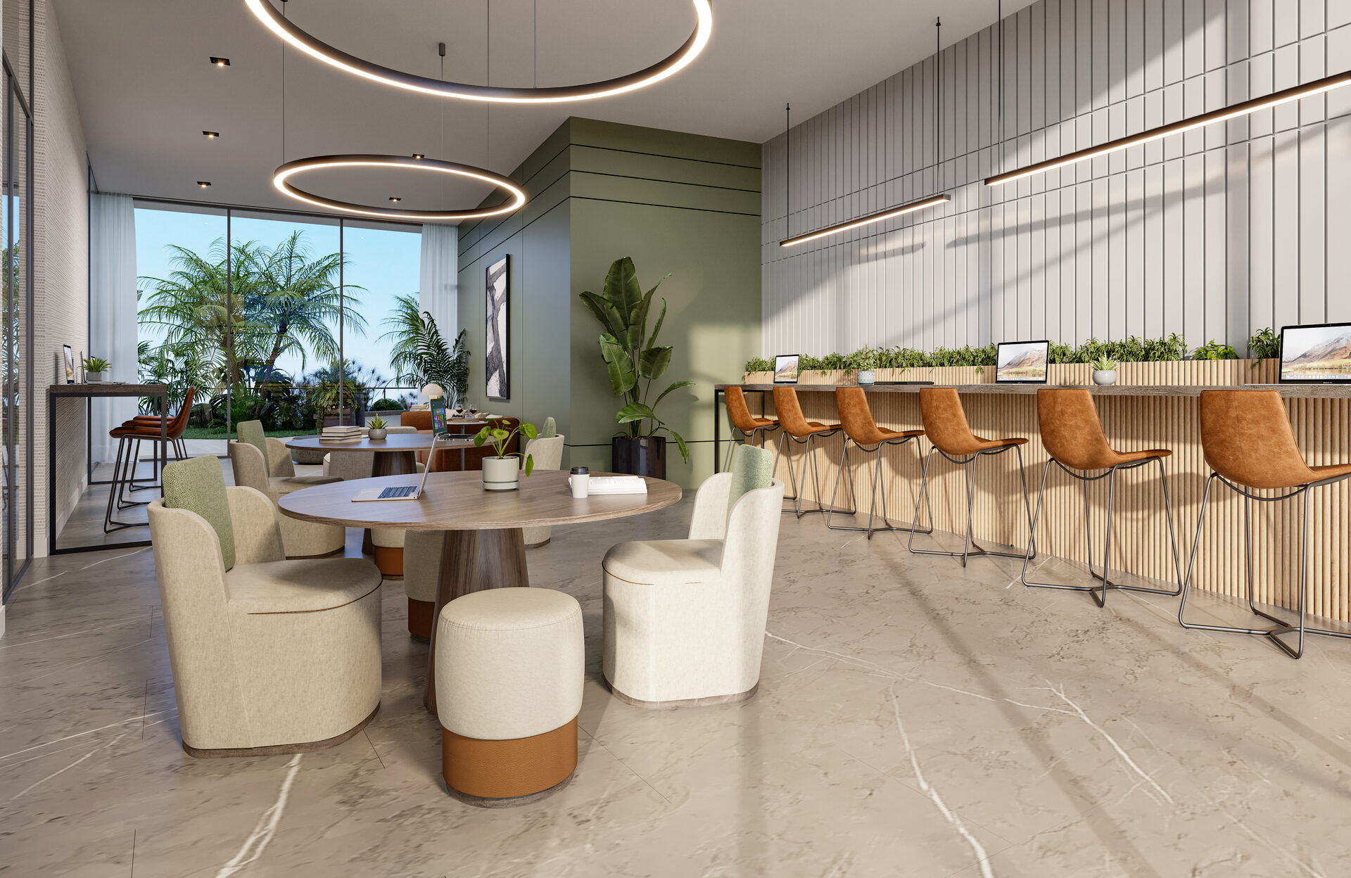Edge House Miami, coworking lounge and shared worktable, developer rendering