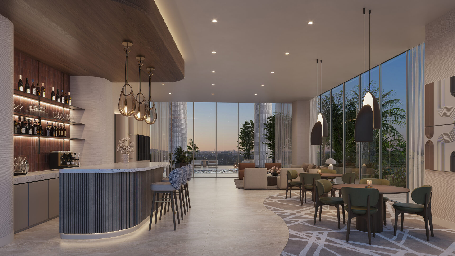 Edge House Miami, residents lounge with bar seating, developer rendering