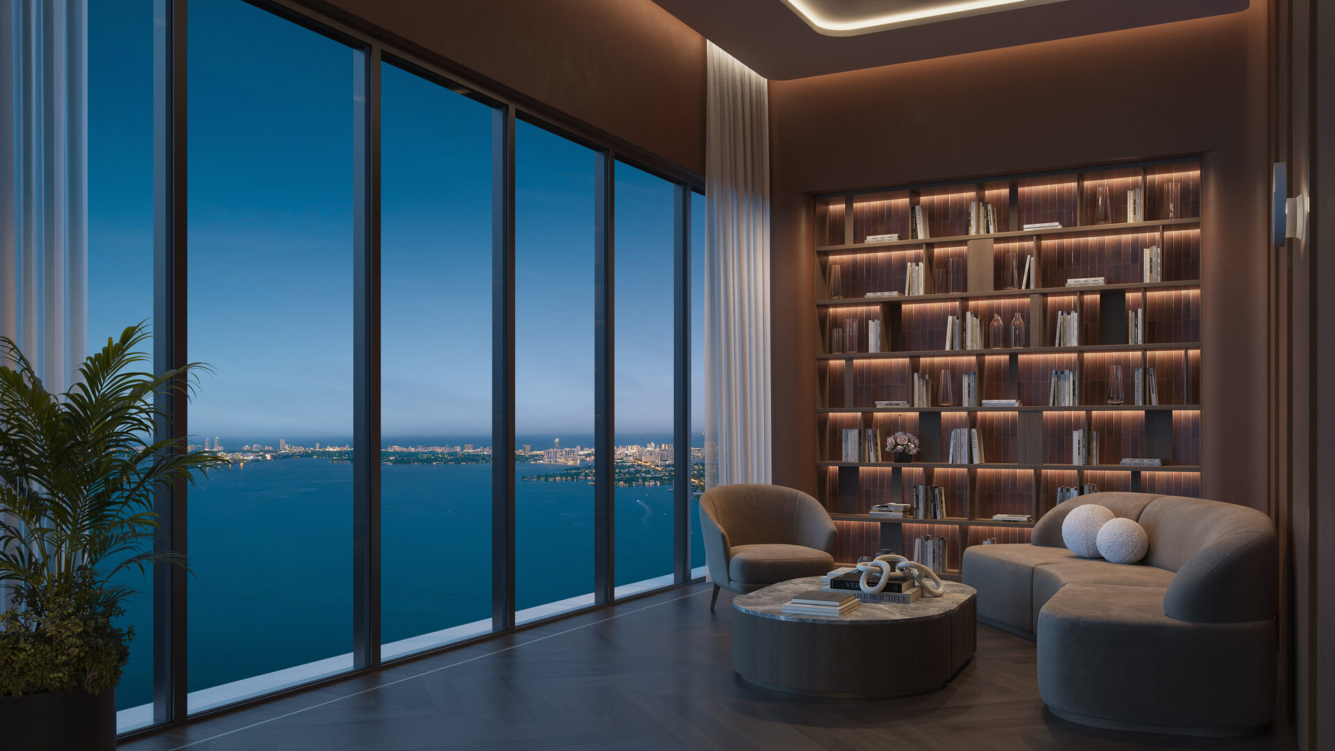 Edge House Miami, library seating with water outlook, developer rendering