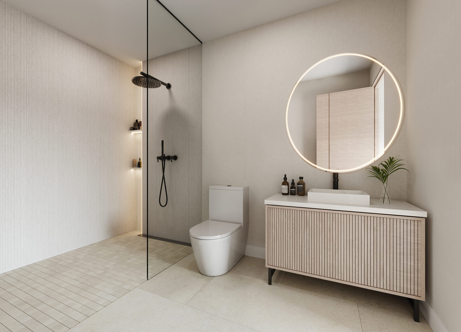 Edge House Miami, bathroom vanity and shower, developer rendering