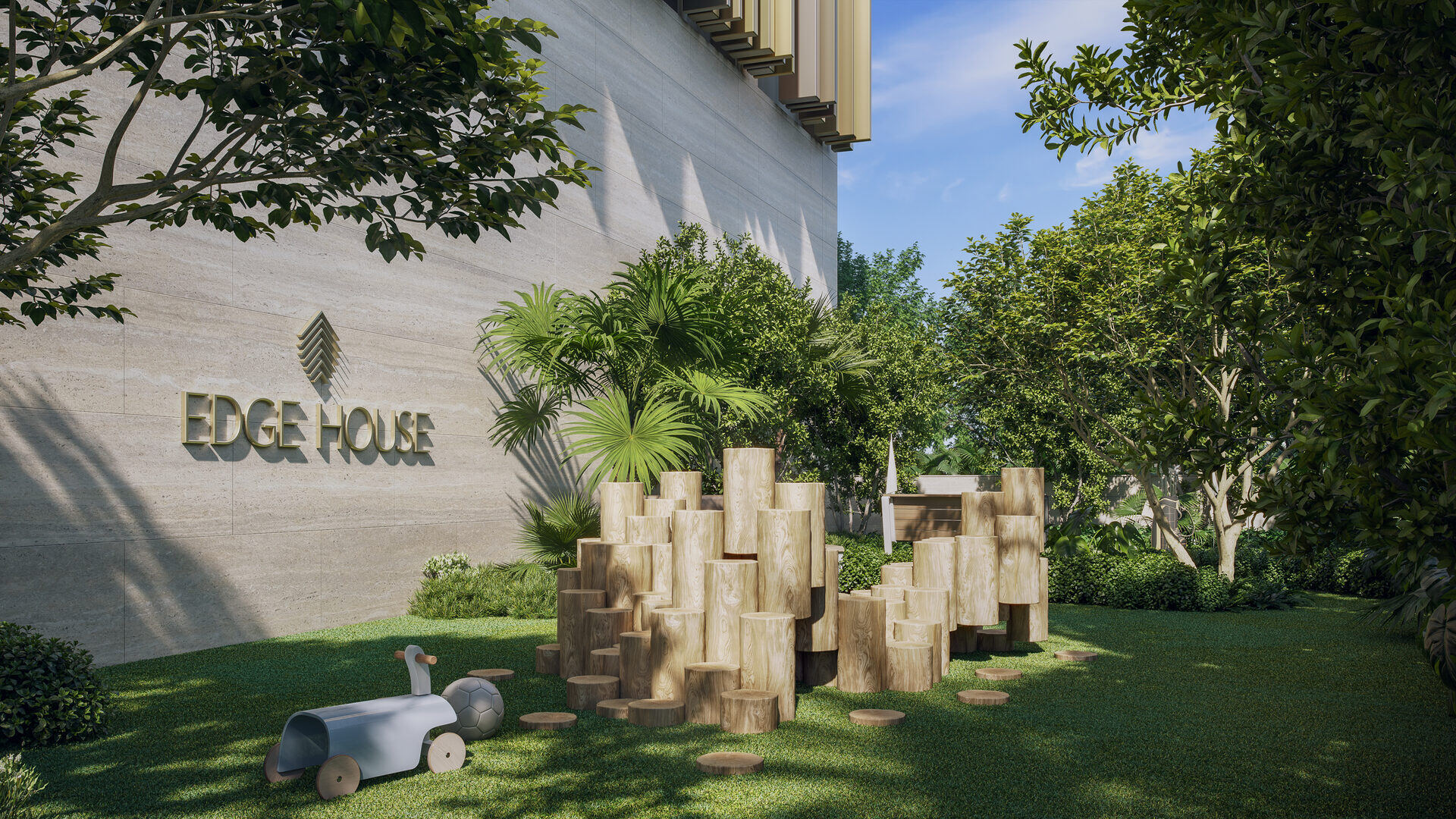 Edge House Miami, children's play area in the landscaped grounds, developer rendering