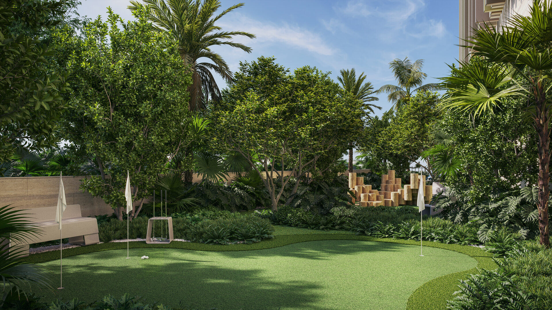Edge House Miami, putting green beside the landscaped grounds, developer rendering