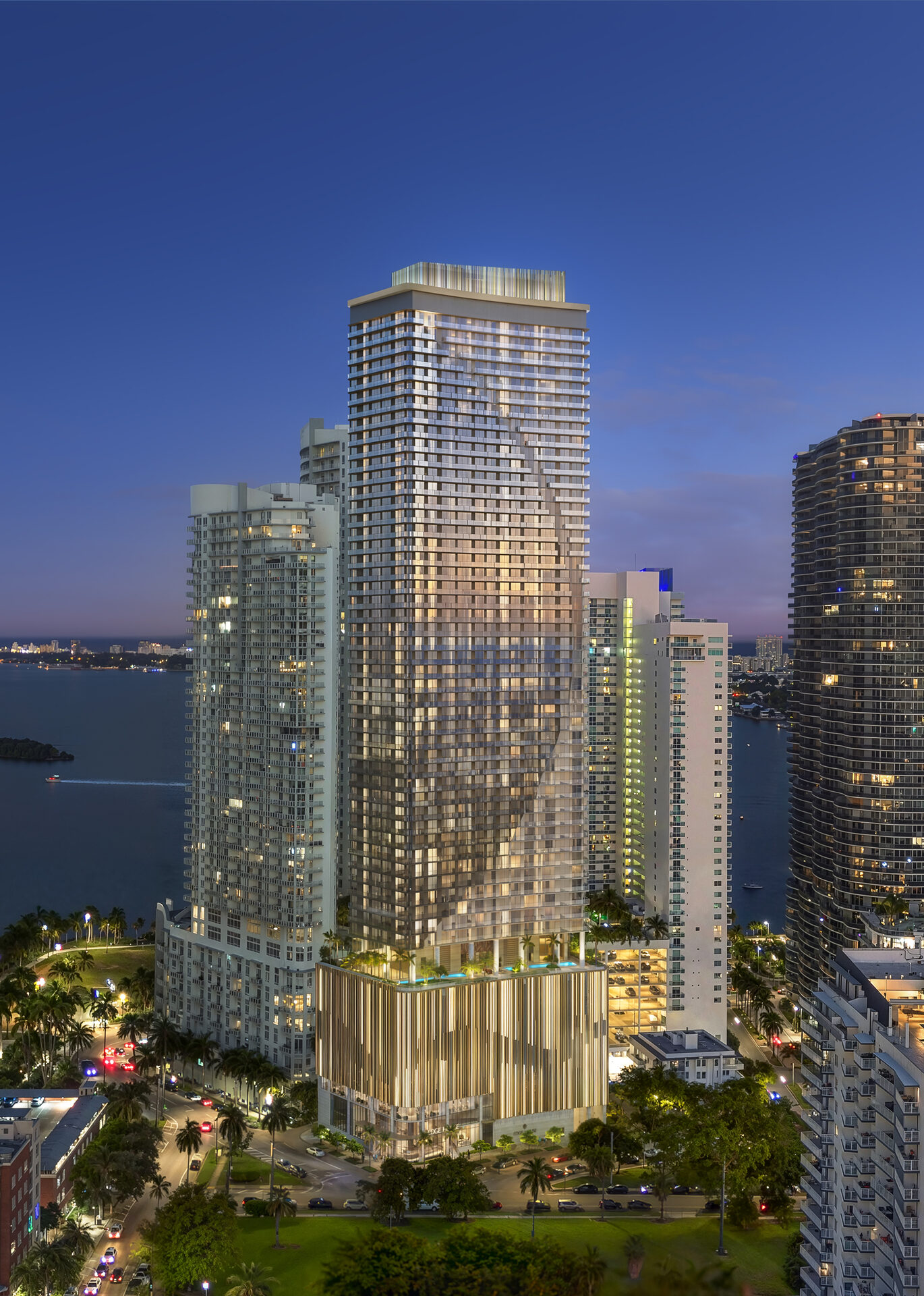 Edge House Miami, tower and bay at night from a second angle, developer rendering