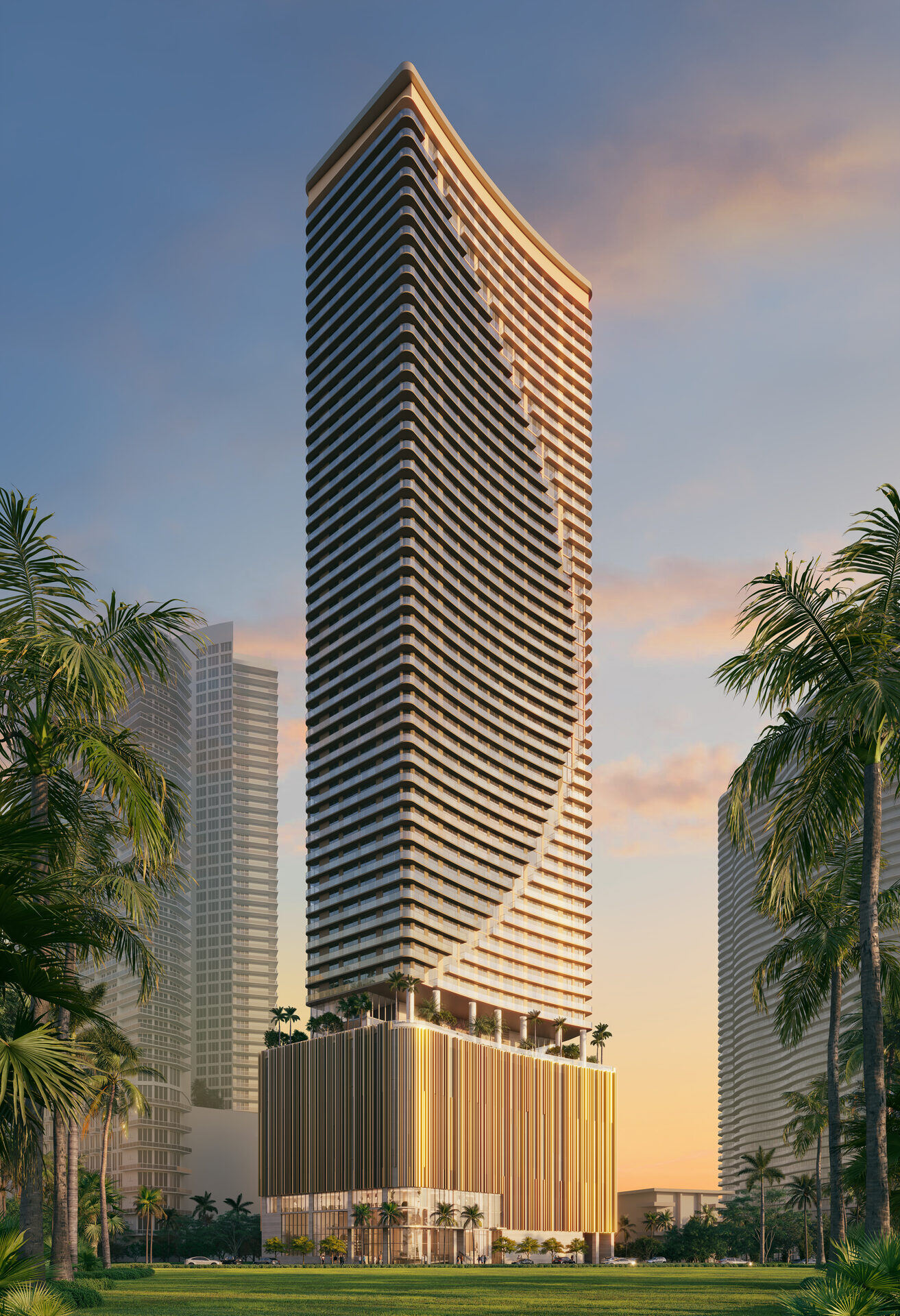 Edge House Miami, tower seen from street level at dusk, developer rendering