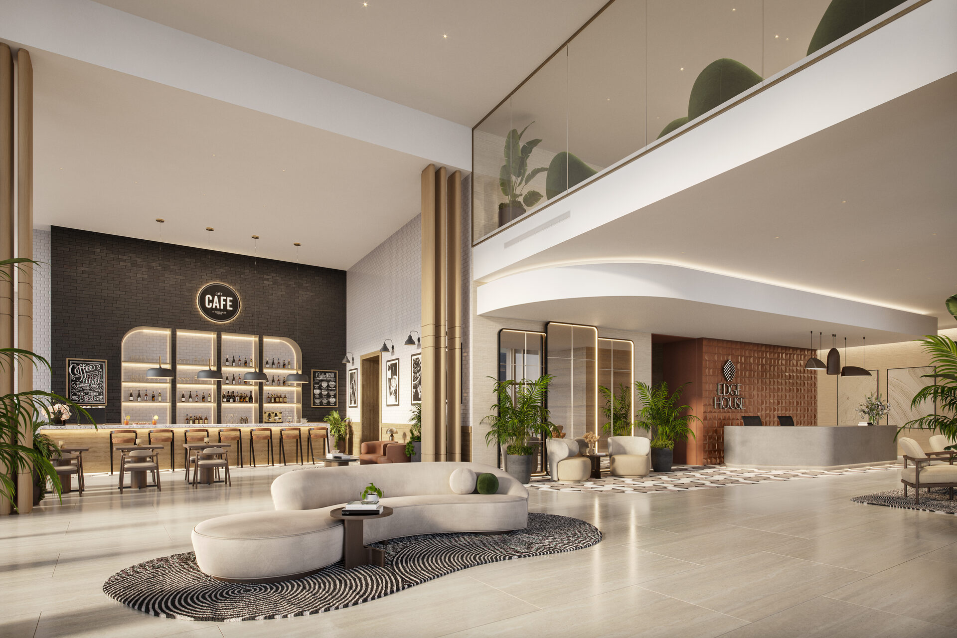 Edge House Miami, ground floor lounge and mezzanine, developer rendering