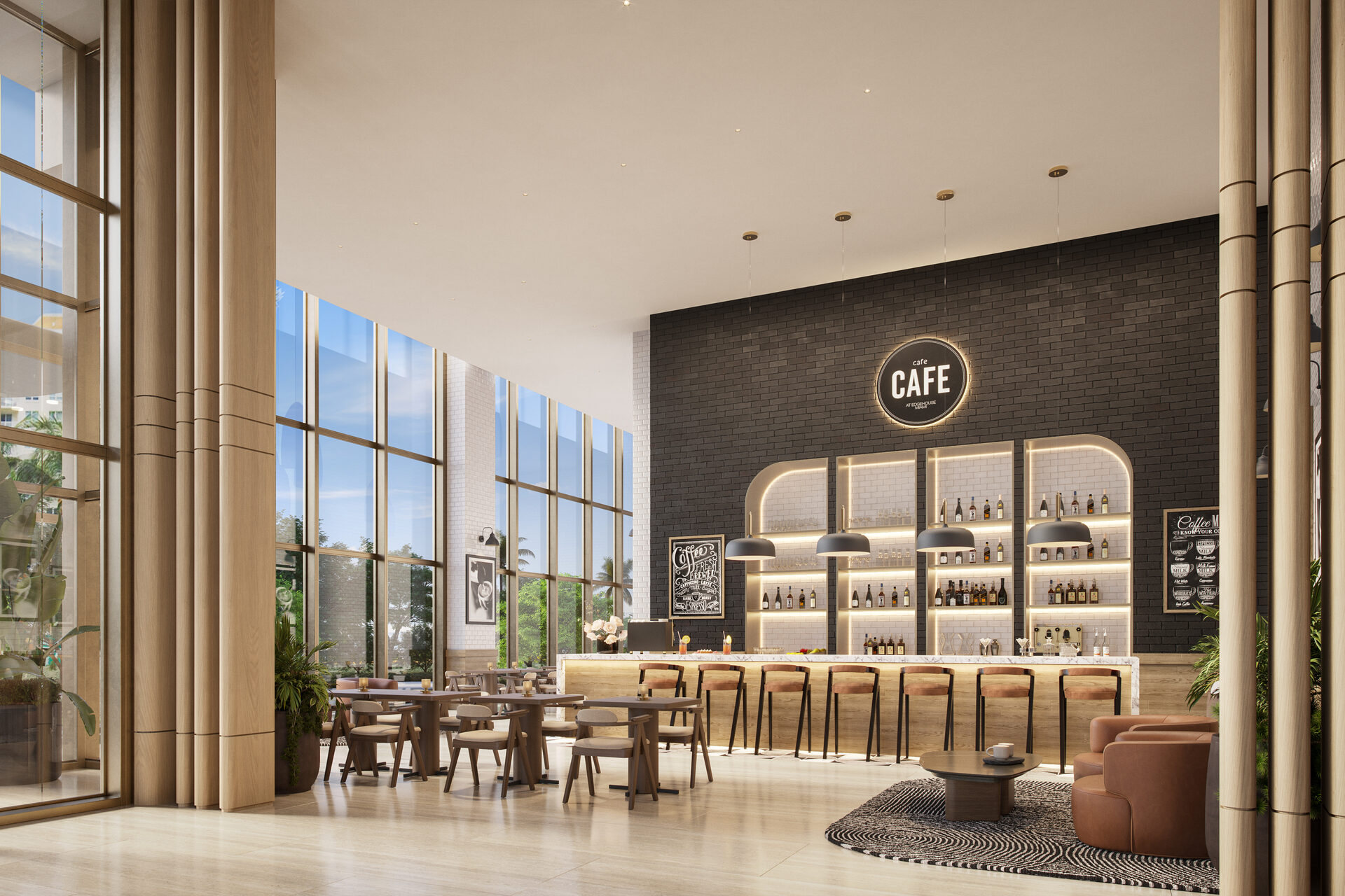 Edge House Miami, ground floor cafe beneath the mezzanine, developer rendering